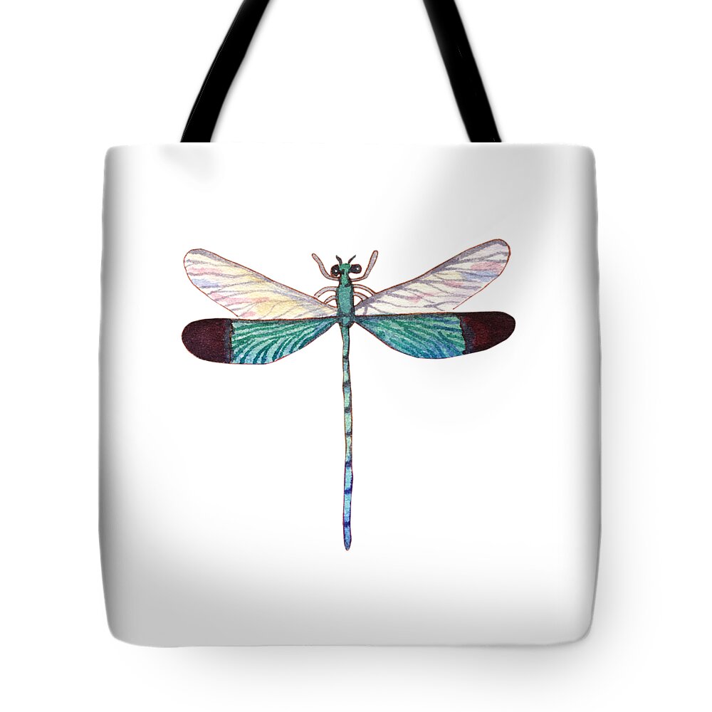 Tropical Tote Bag featuring the painting Winged Jewels 1, Watercolor Tropical Dragonfly Aqua Blue Black by Audrey Jeanne Roberts