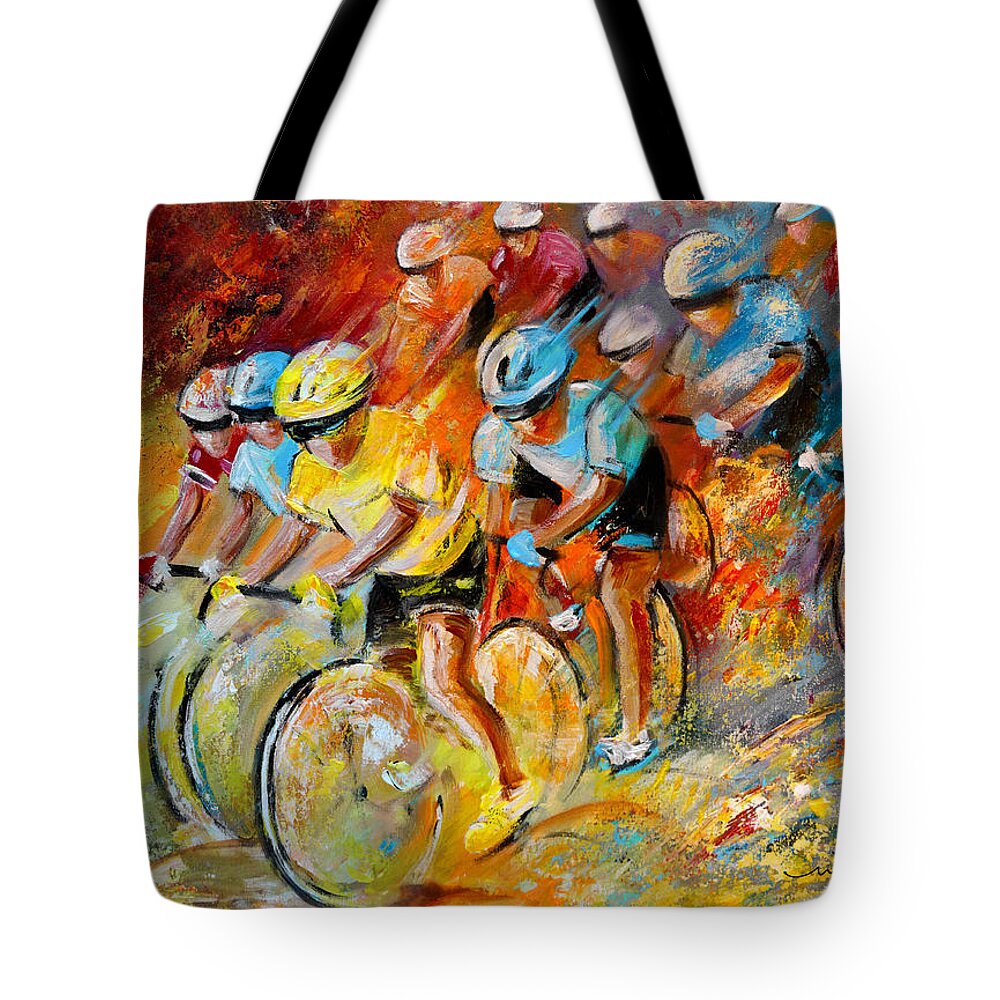 Sports Tote Bag featuring the painting Winning The Tour De France by Miki De Goodaboom