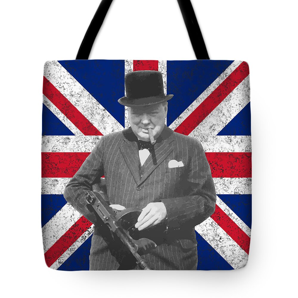 Winston Churchill Tote Bag featuring the painting Winston Churchill and His Flag by War Is Hell Store