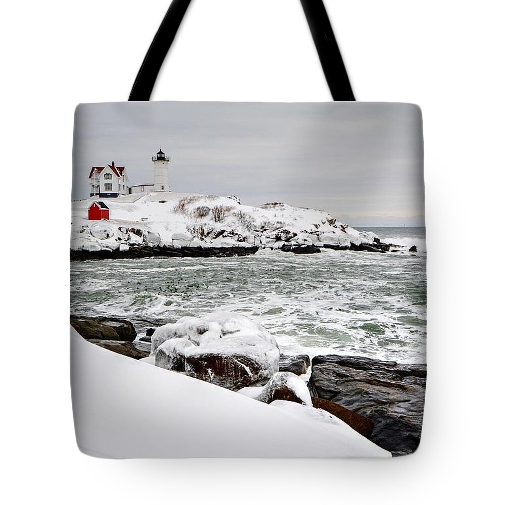 Nubble Lighthouse Tote Bag featuring the photograph Winter at the Nubble by Steve Brown