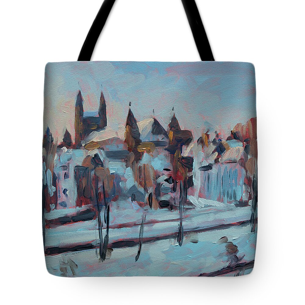Maastricht Tote Bag featuring the painting Winter Basilica Our Lady Maastricht by Nop Briex