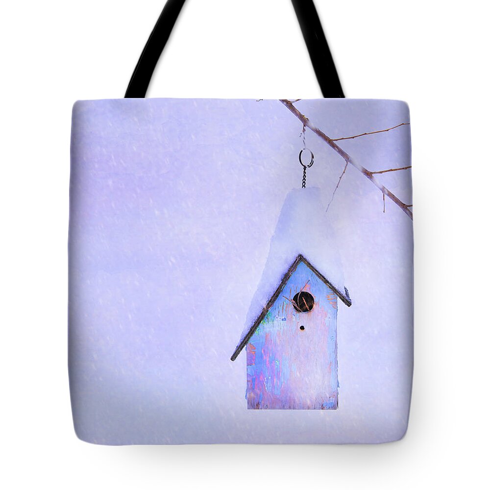 Birdhouse Tote Bag featuring the photograph Winter Birdhouse by Theresa Tahara
