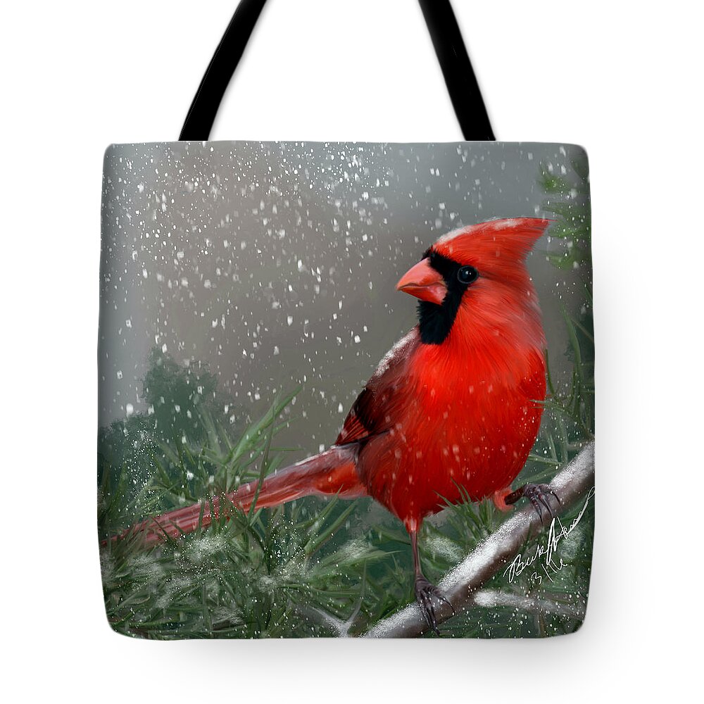 Bird Tote Bag featuring the painting Winter Cardinal by Becky Herrera