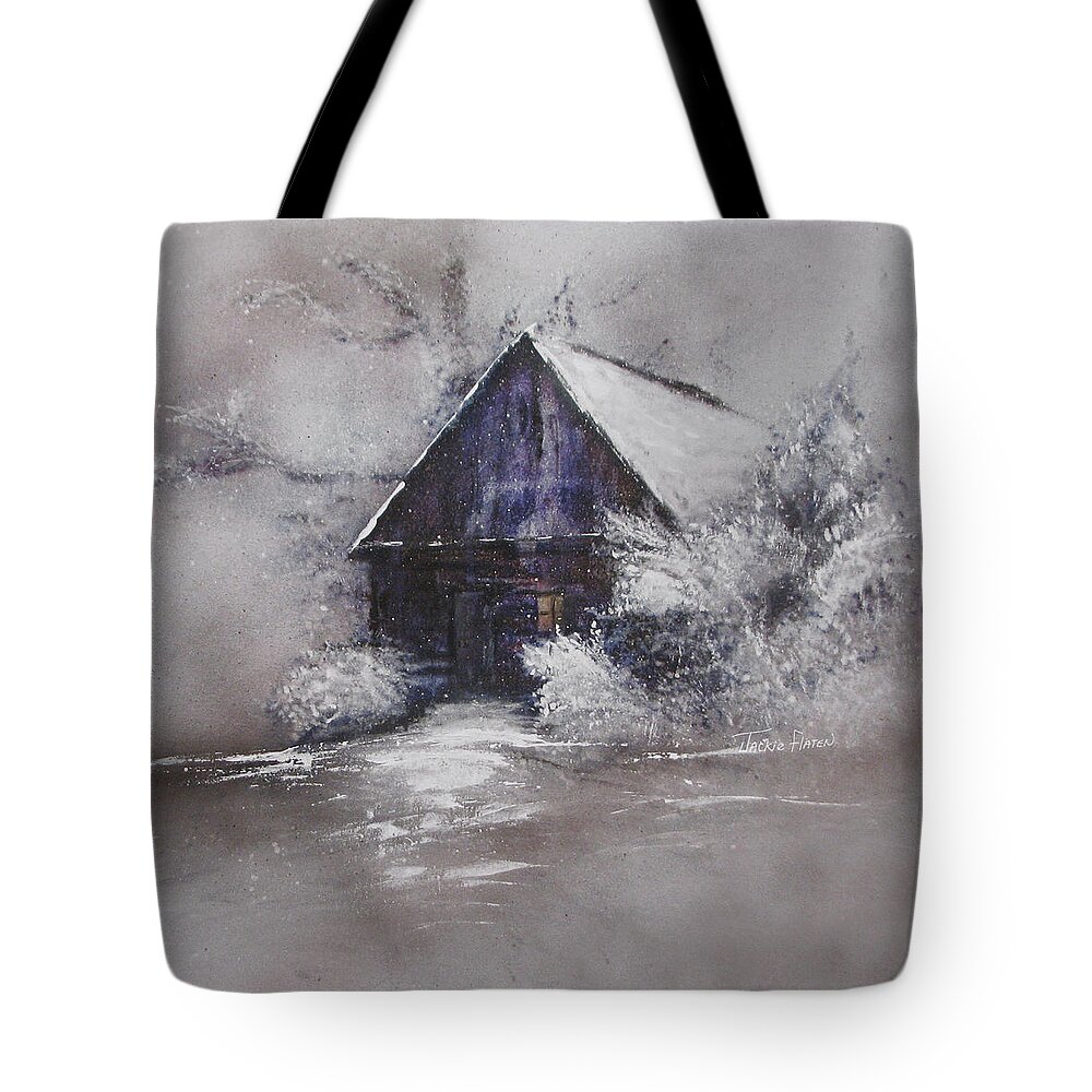Canvas Prints Tote Bag featuring the painting Winter Cottage by Jackie Flaten
