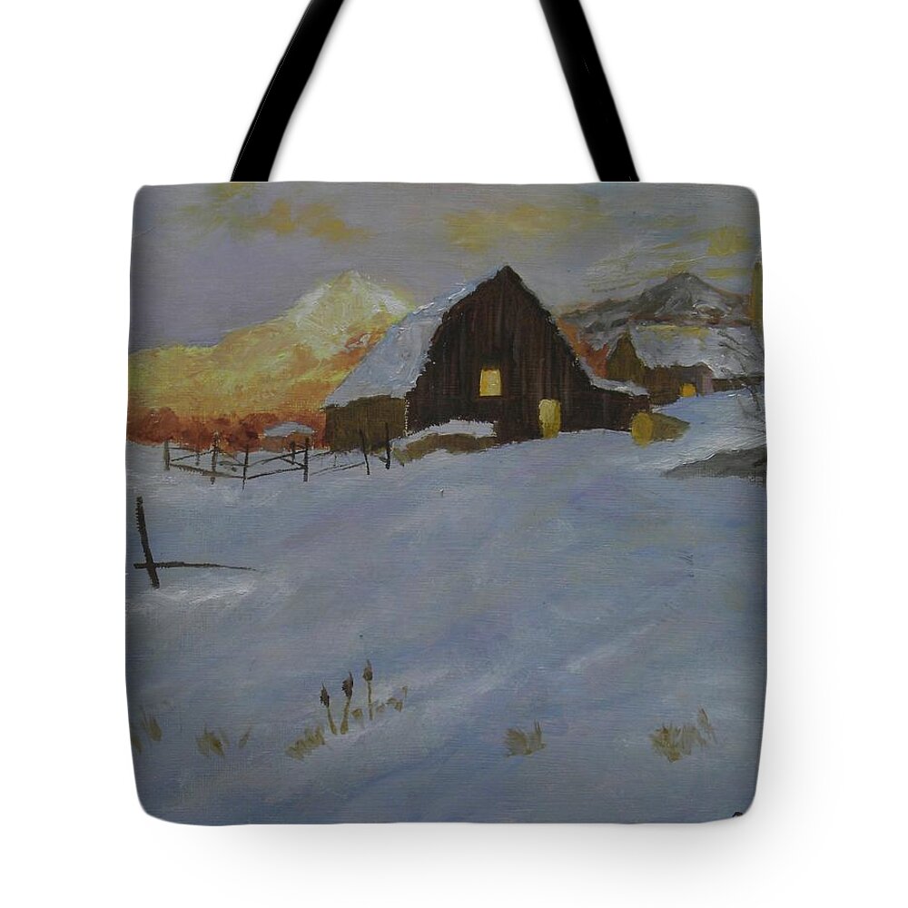 Landscape Snow Farm Mountain Sunset Dusk Tote Bag featuring the painting Winter Dusk on the Farm by Scott W White