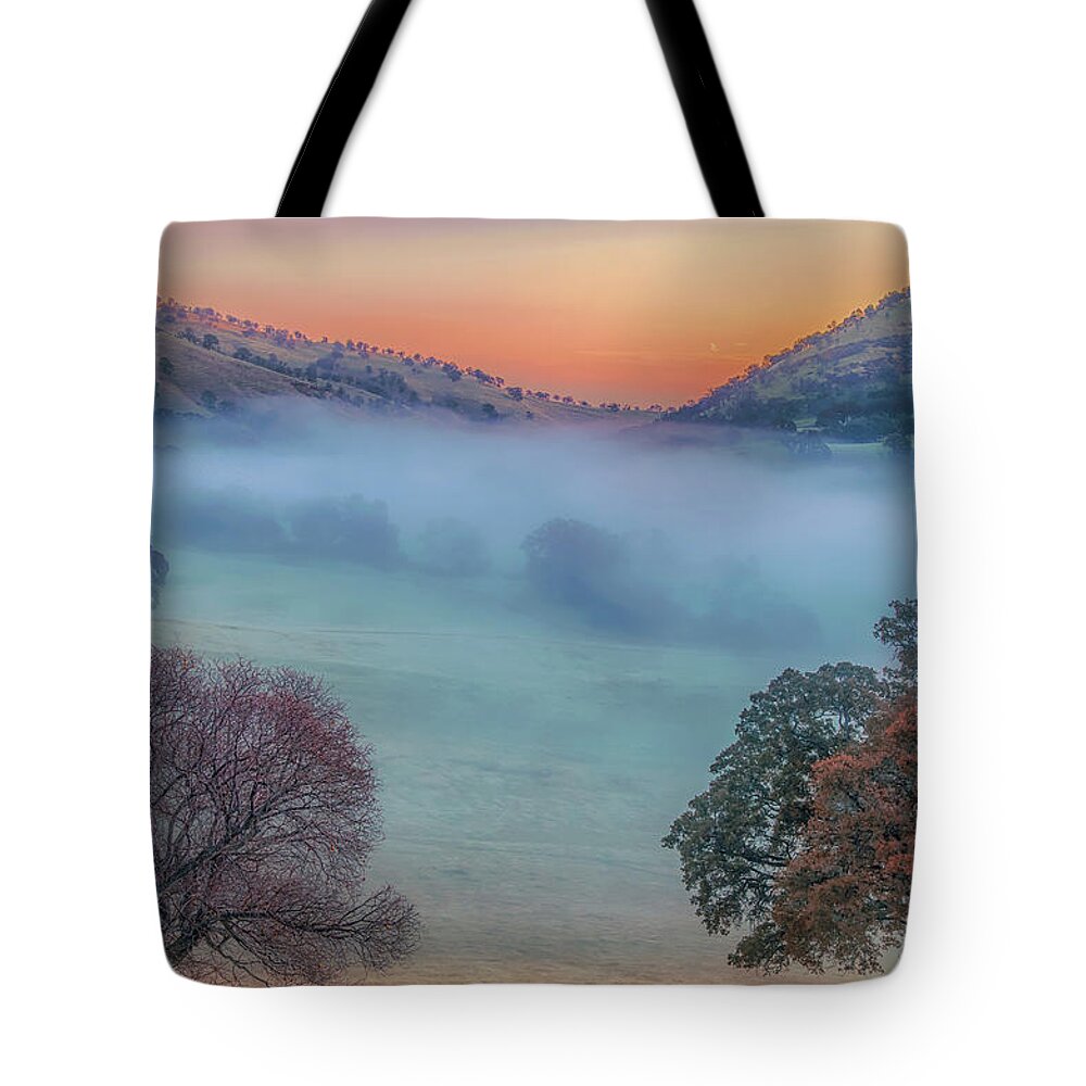 Landscape Tote Bag featuring the photograph Winter Fog at Sunrise by Marc Crumpler