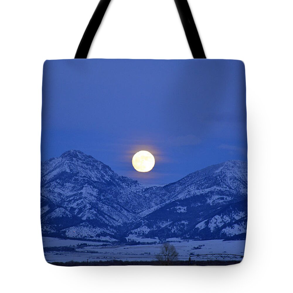 Moon Tote Bag featuring the photograph Winter Full Moon Over the Rockies by Bruce Gourley