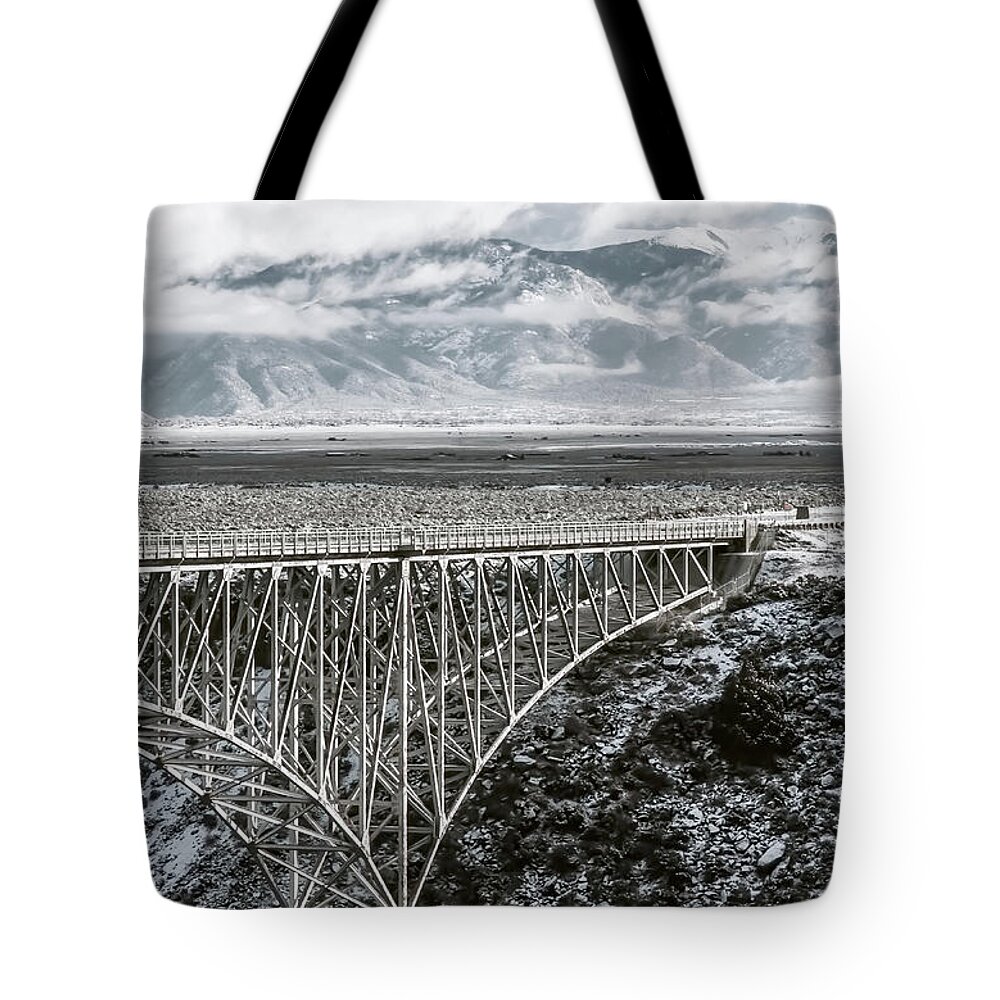 Snow Tote Bag featuring the photograph Winter Gorge Bridge by Britt Runyon