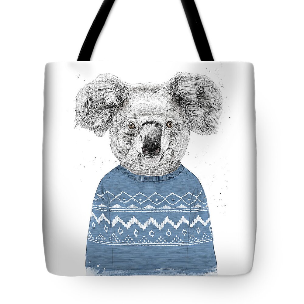 Koala Tote Bag featuring the drawing Winter koala by Balazs Solti