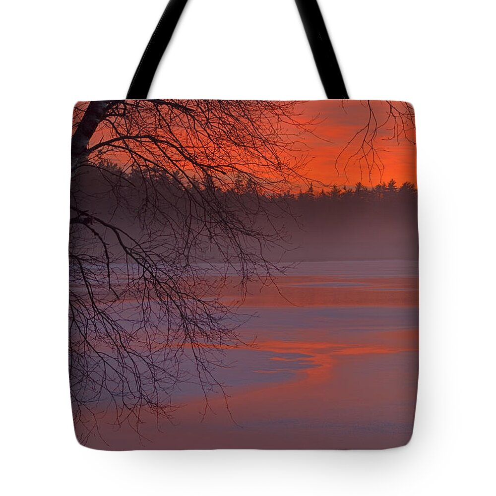 Winter Landscape Tote Bag featuring the photograph Winter Lake Mist At Twilight by Irwin Barrett