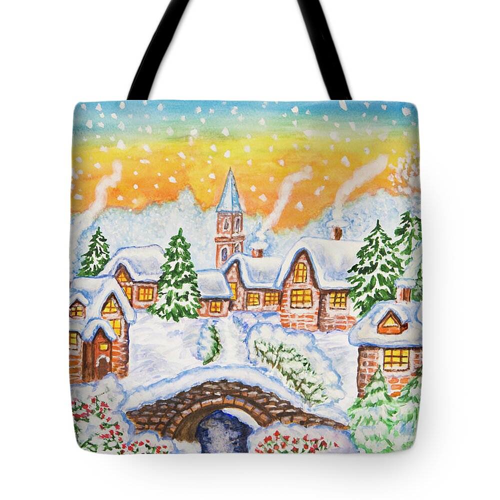 Winter Tote Bag featuring the painting Winter landscape with bridge by Irina Afonskaya