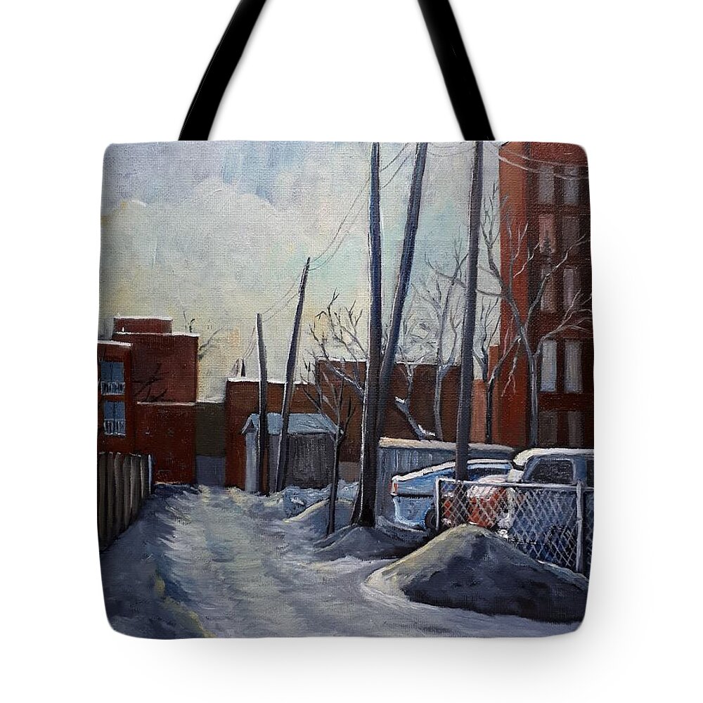 Montreal Tote Bag featuring the painting Winter Lane by Reb Frost