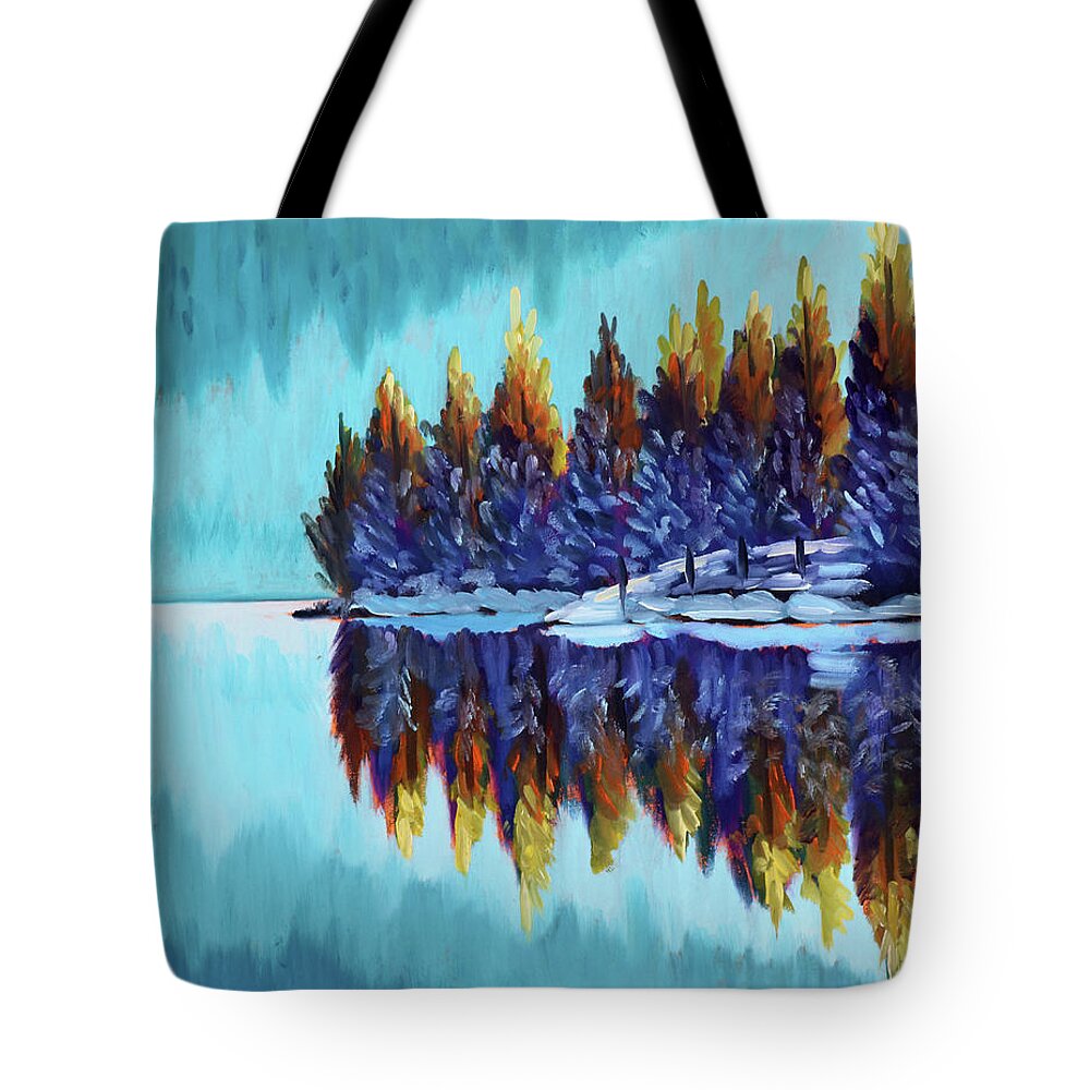 Winter Tote Bag featuring the painting Winter - Mountain Lake by Kevin Hughes
