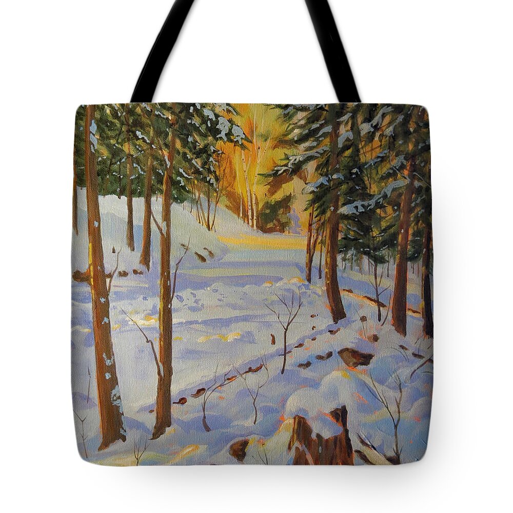Canadian Shield Tote Bag featuring the painting Winter on the Lane by David Gilmore