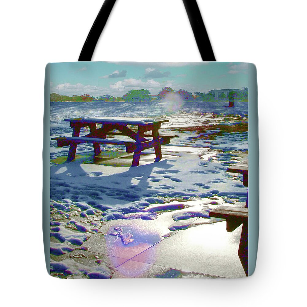 Winter Tote Bag featuring the digital art Winter Park Bench by Rod Whyte