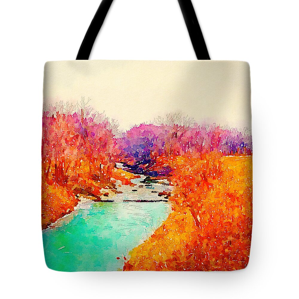 Water Tote Bag featuring the photograph Winter River Watercolor Square by Jennifer Richter