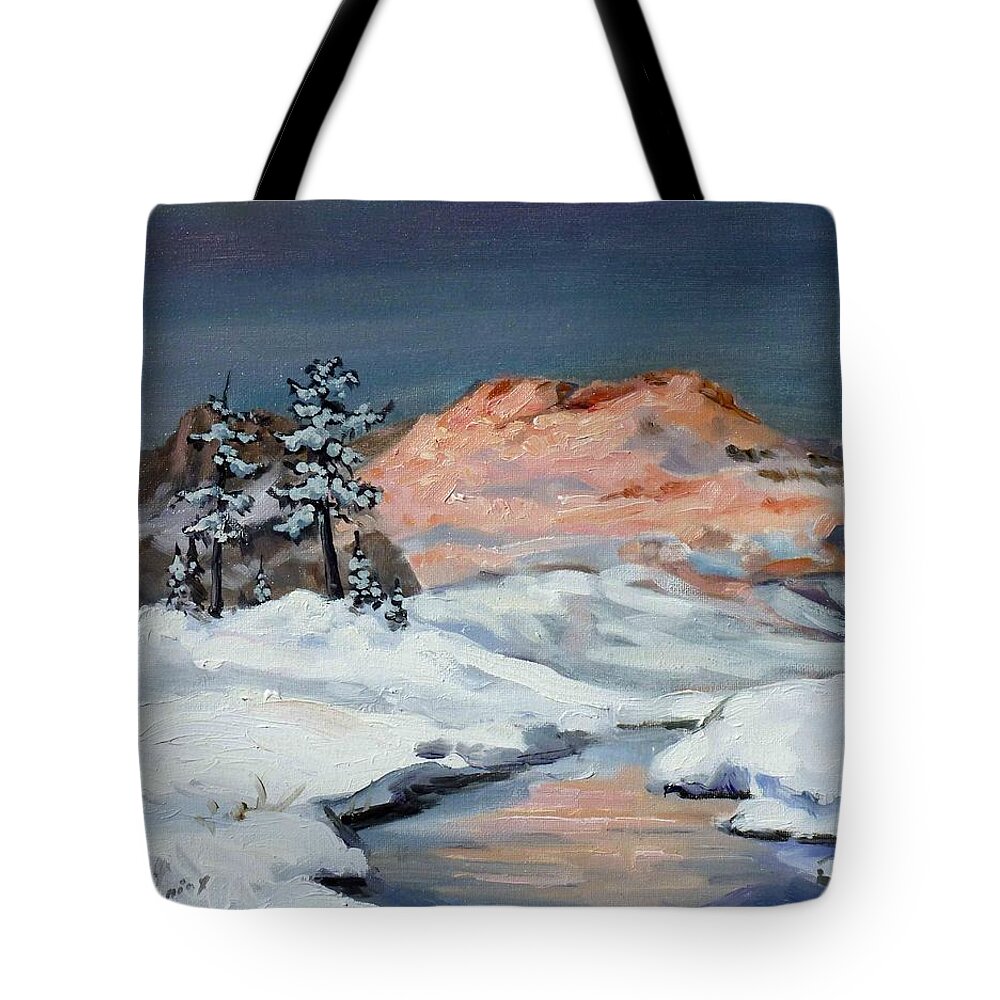 Sunset Tote Bag featuring the painting Winter sunset in the mountains by Irek Szelag