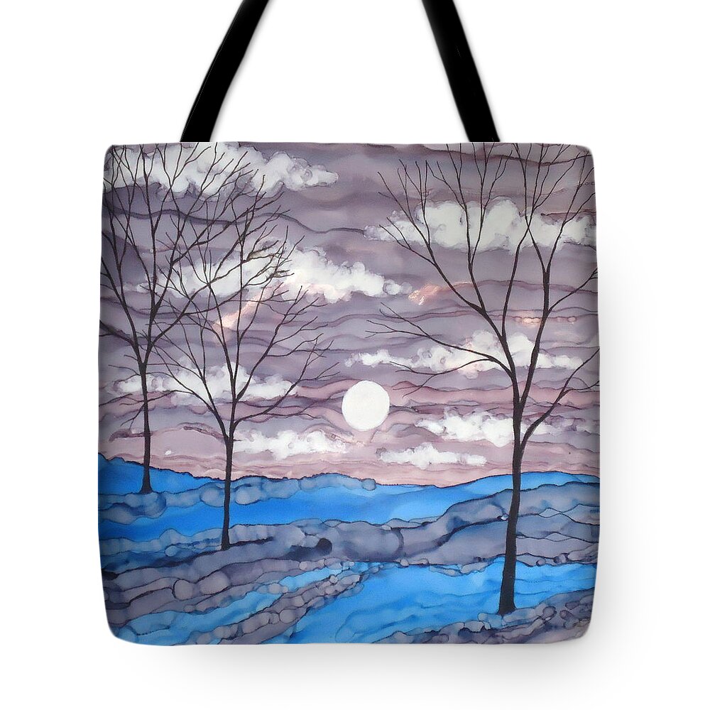 Winter Trees Tote Bag featuring the painting Winter Trees and Moon Landscape by Laurie Anderson