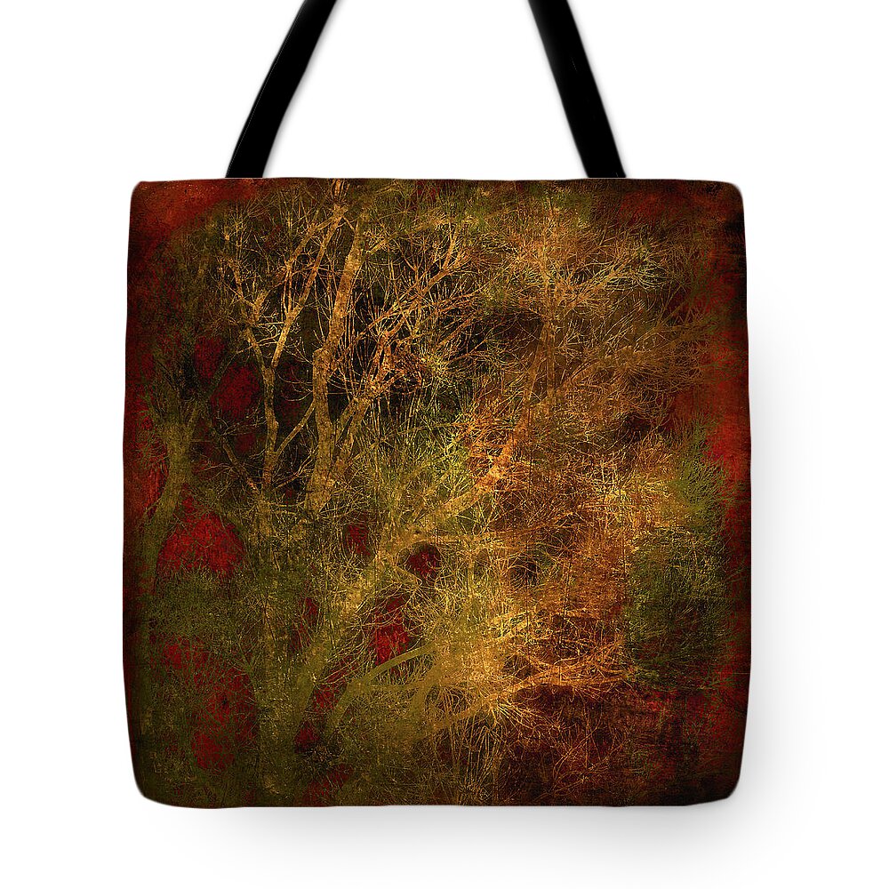 Winter Tree Tote Bag featuring the digital art Winter Trees in Gold and Red by Sheryl Karas