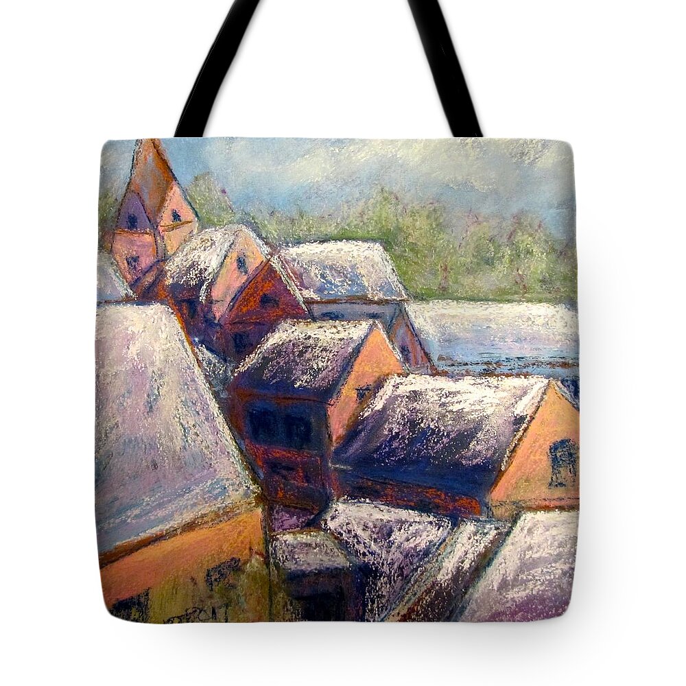 Snow Tote Bag featuring the pastel Winter Village by Barbara O'Toole
