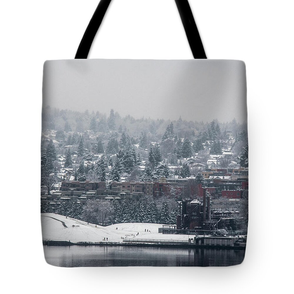 Seattle Tote Bag featuring the photograph Winter wonderland at Gas Works Park by Matt McDonald
