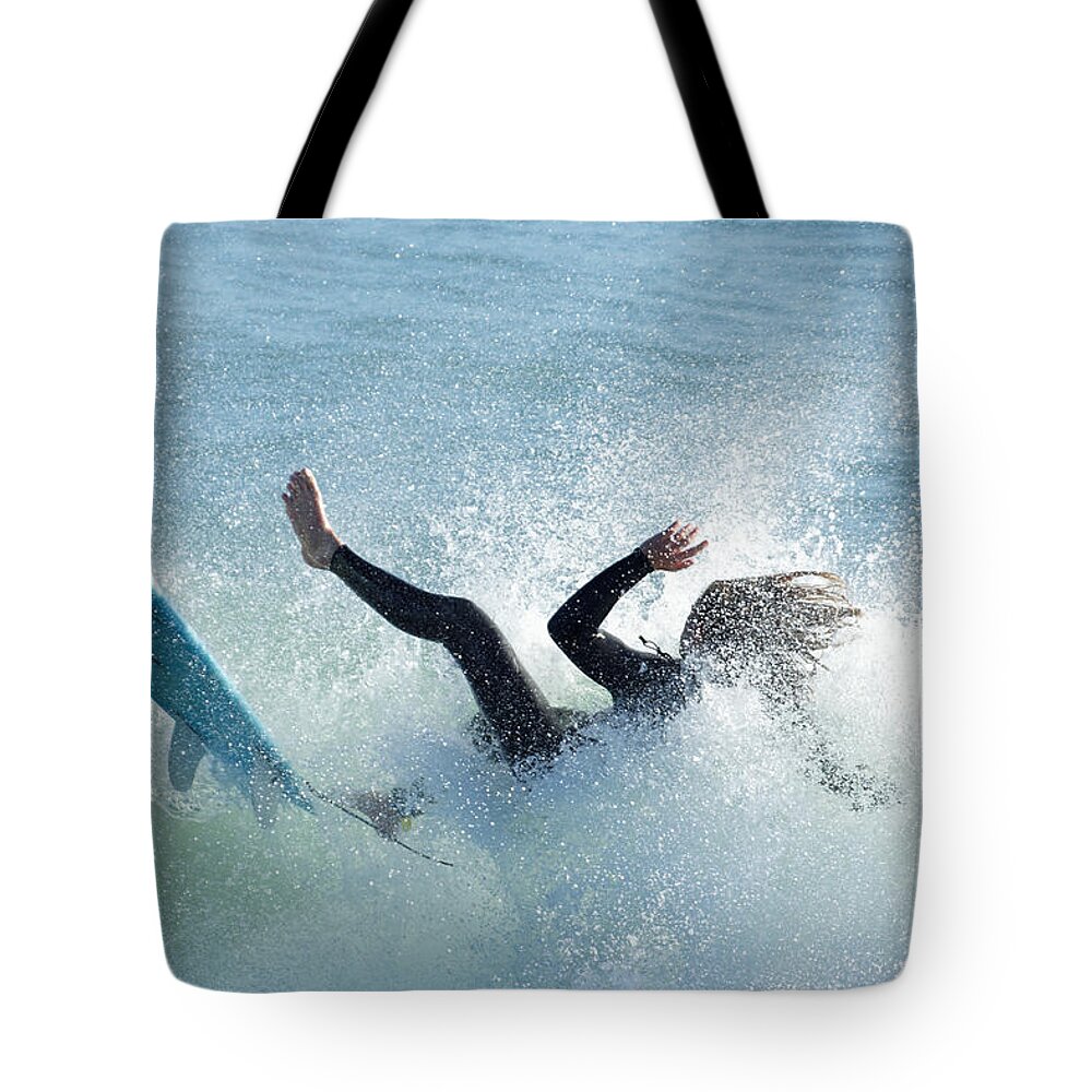 Darin Volpe People Tote Bag featuring the photograph Wipeout - Surfer at Cayucos, California by Darin Volpe