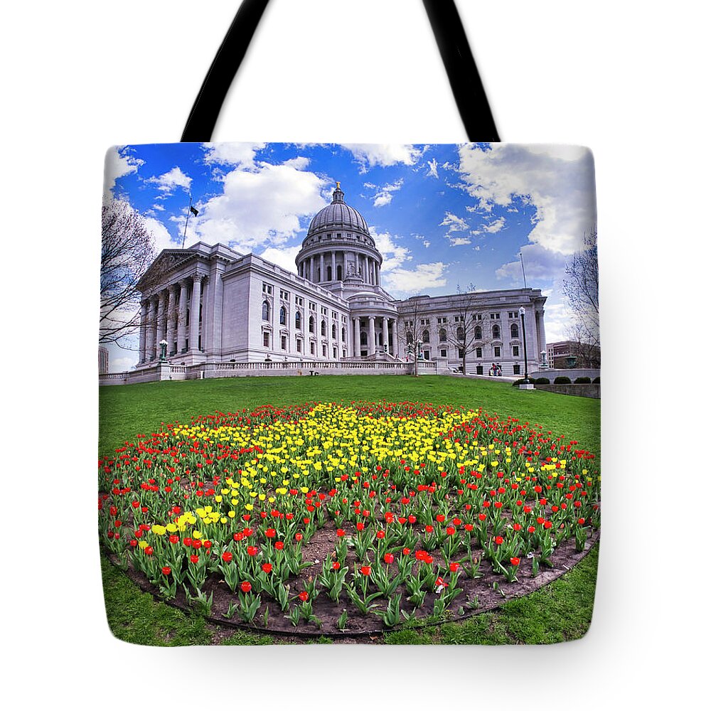 Wi Tote Bag featuring the photograph Wisconsin Capitol and Tulips 2 by Steven Ralser