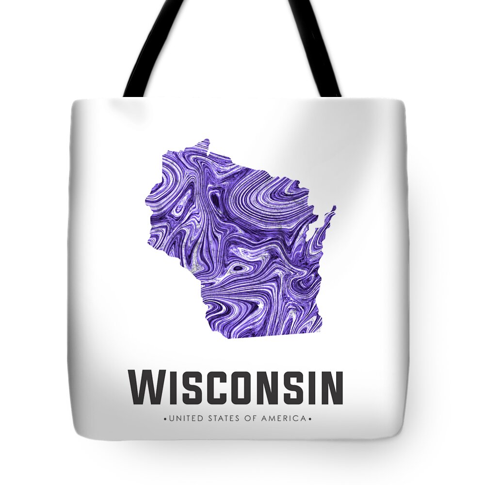 Wisconsin Tote Bag featuring the mixed media Wisconsin Map Art Abstract in Violet by Studio Grafiikka