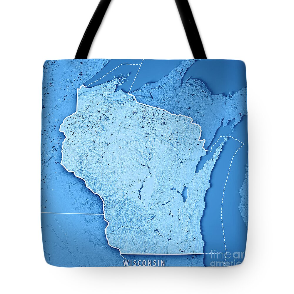 Wisconsin Tote Bag featuring the digital art Wisconsin State USA 3D Render Topographic Map Blue Border by Frank Ramspott