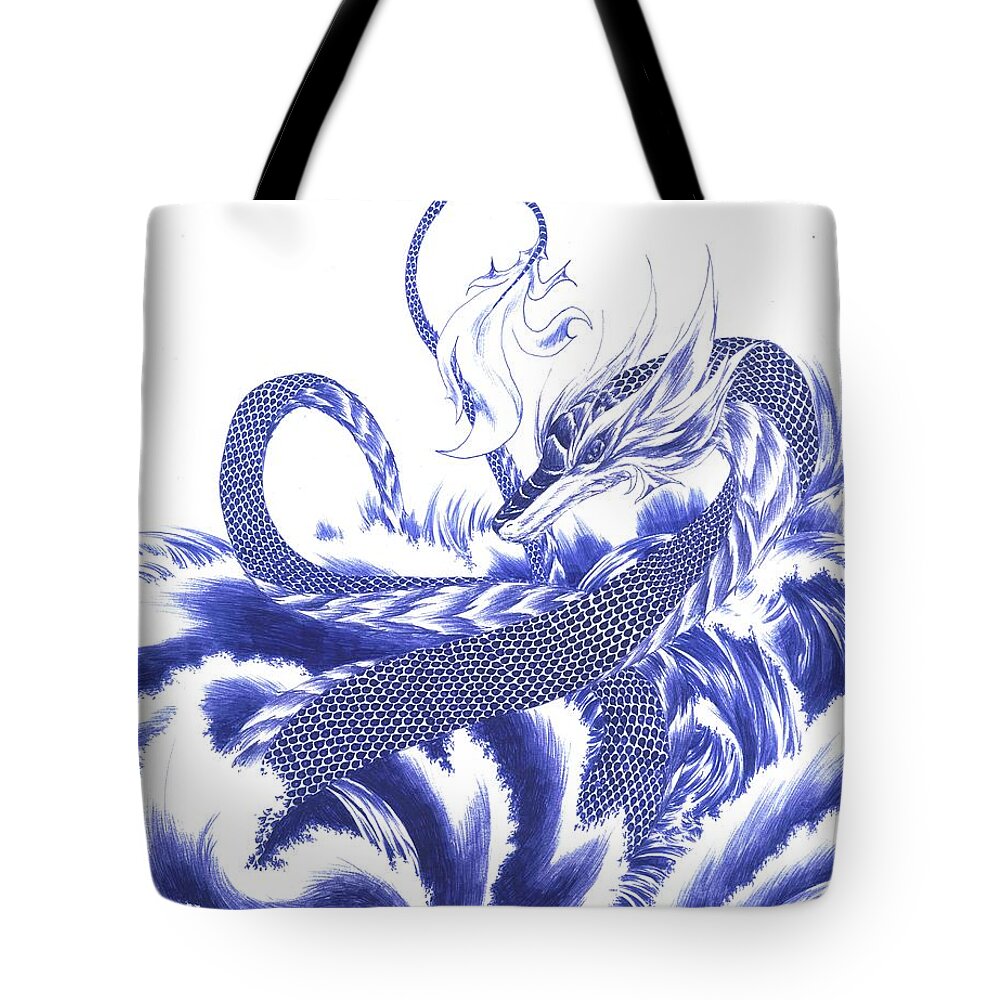 Dragon Tote Bag featuring the drawing Wisdom by Alice Chen
