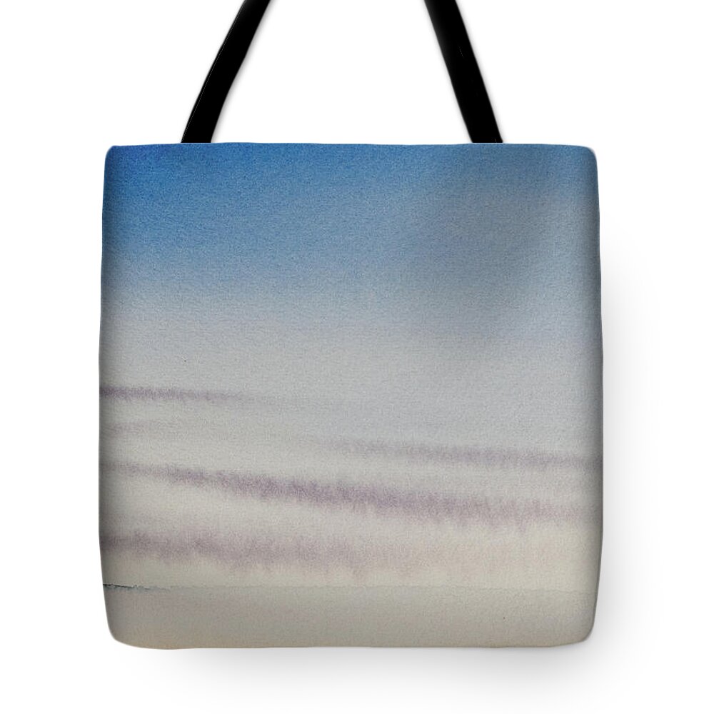 Beach Tote Bag featuring the painting Wisps of clouds at sunset over a calm bay by Dorothy Darden