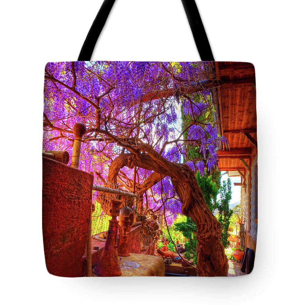 Wisteria Tote Bag featuring the photograph Wisteria Canopy in Bisbee Arizona by Charlene Mitchell