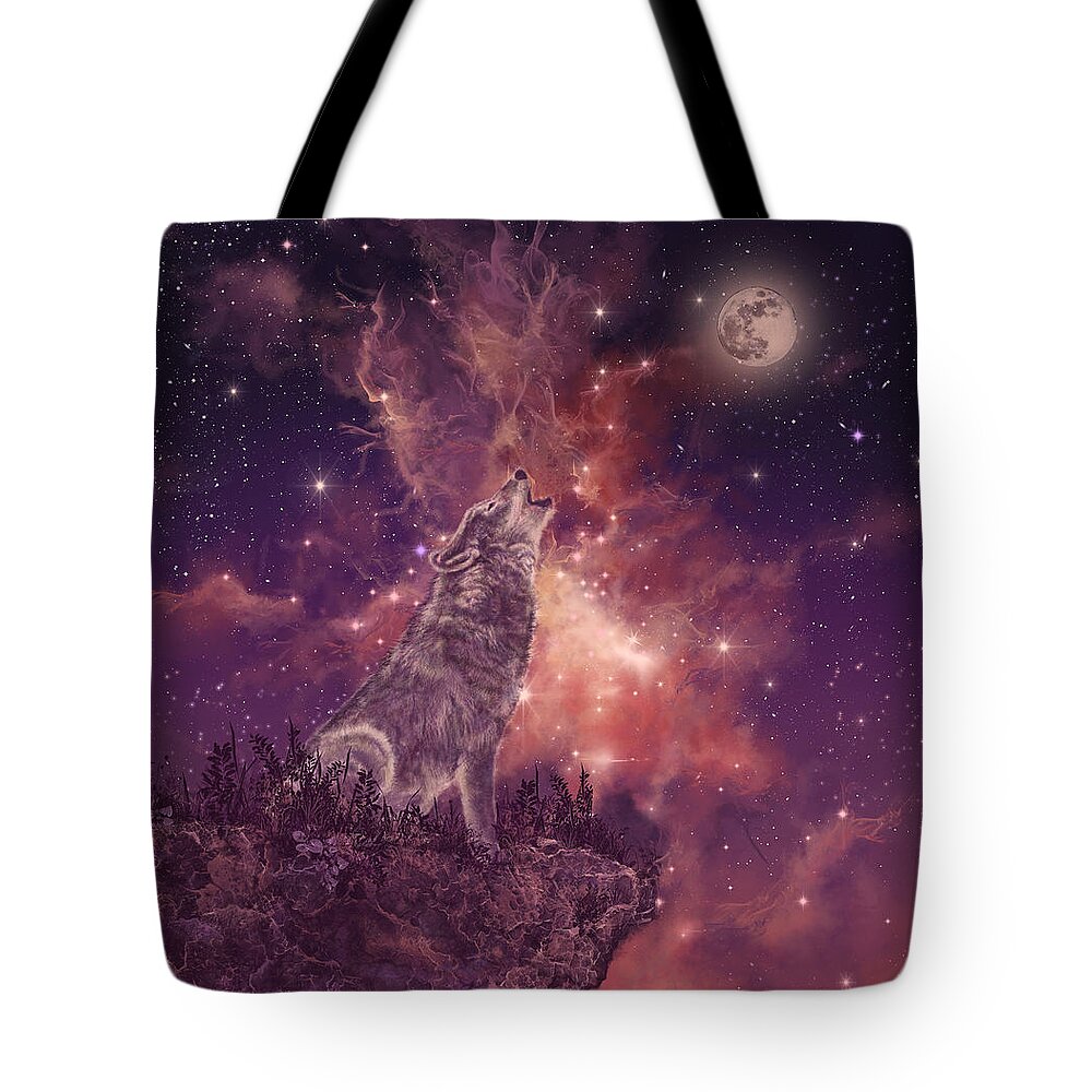 Wolf Tote Bag featuring the painting Wolf And Sky Red by Bekim M