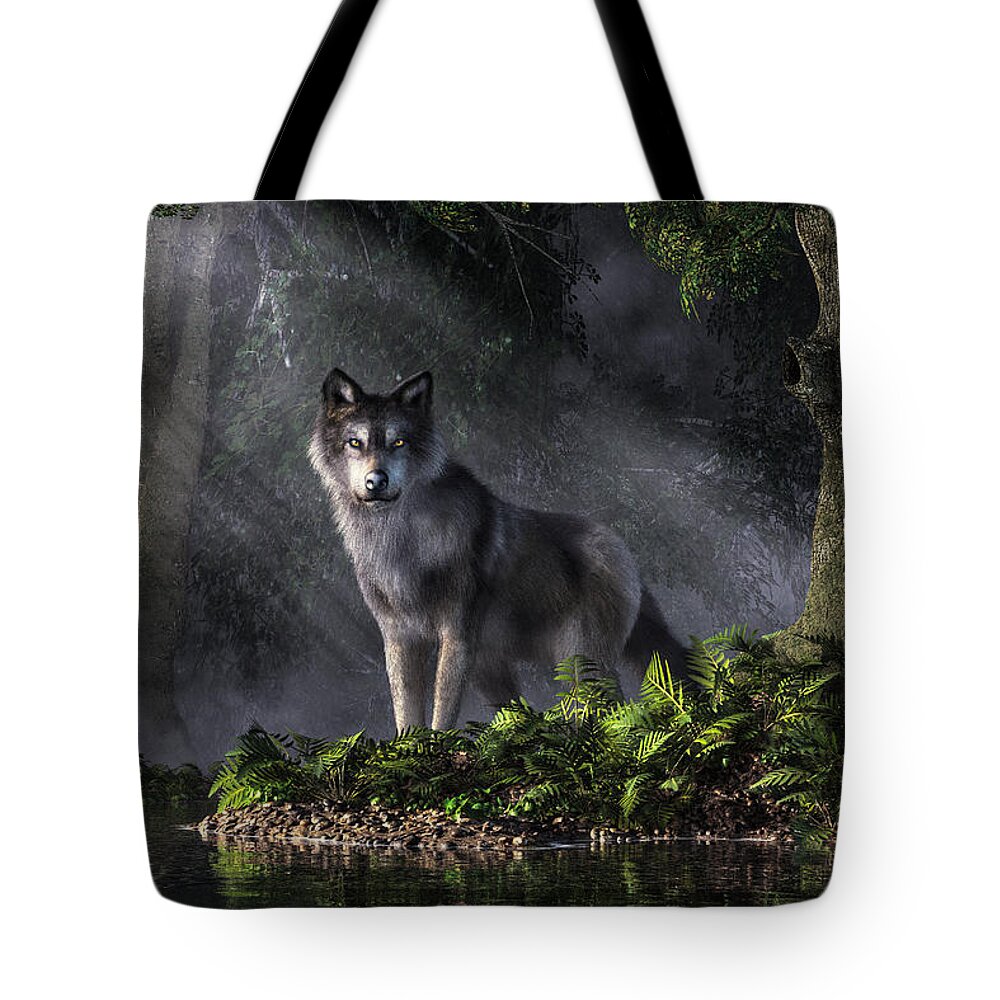 Spirit Of The Forest Tote Bag featuring the digital art Wolf in the Forest by Daniel Eskridge