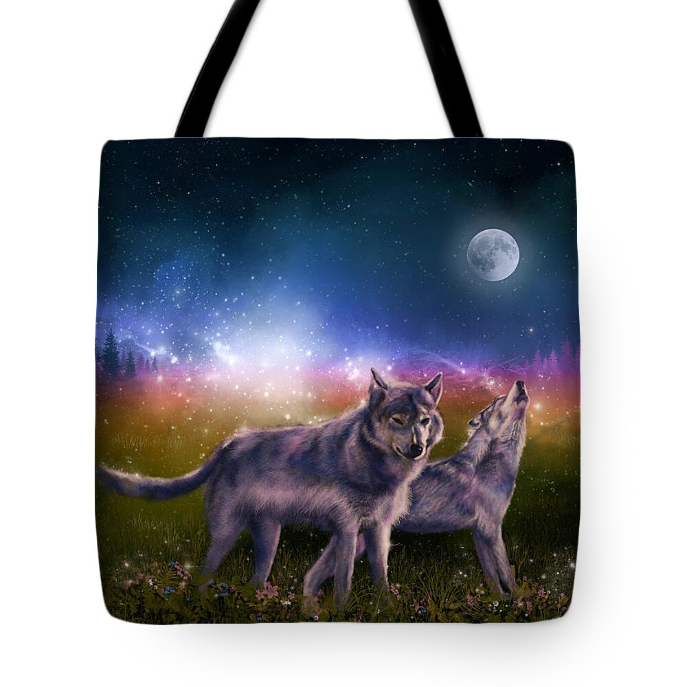 Wolf Tote Bag featuring the painting Wolf In The Moonlight by Bekim M