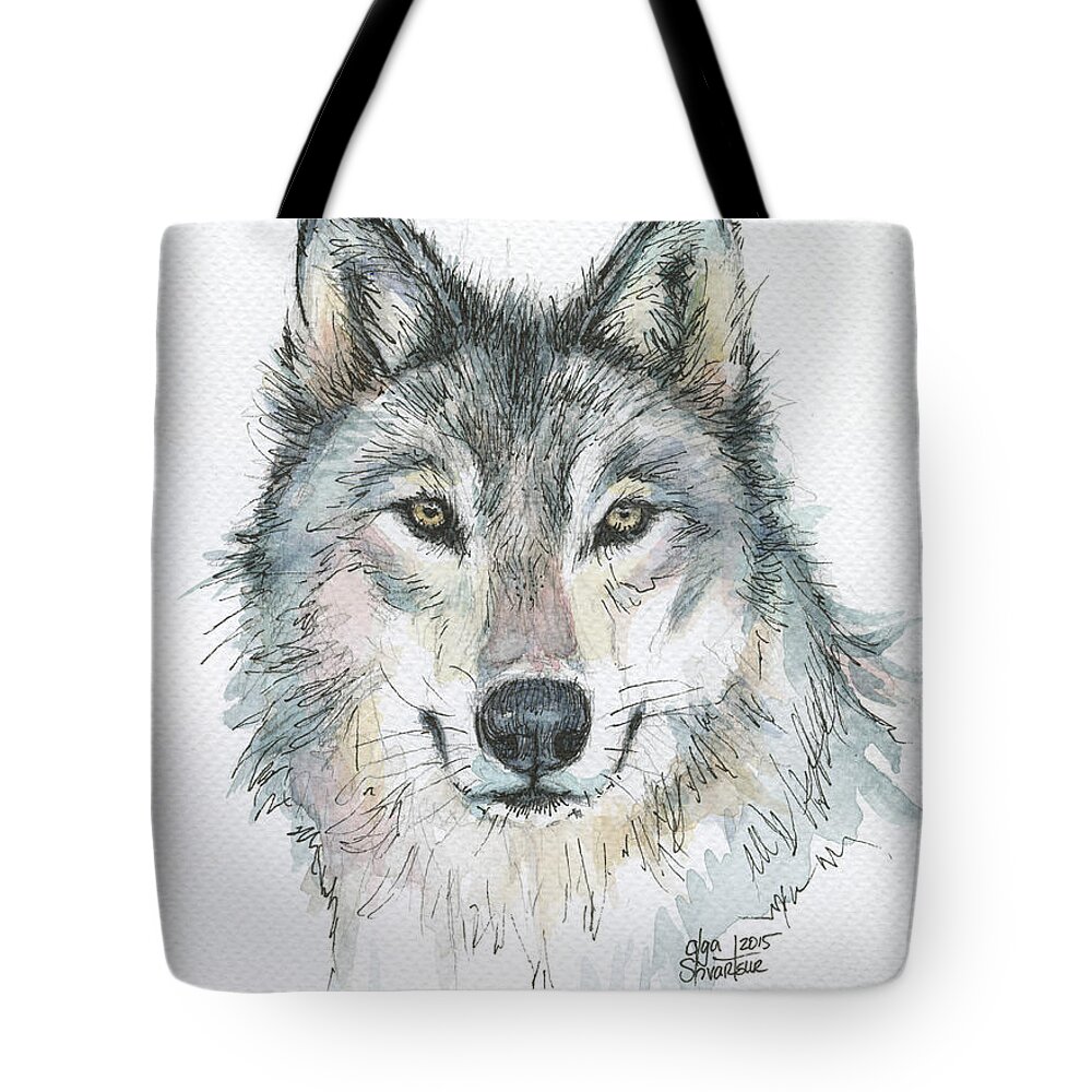 Watercolor Tote Bag featuring the painting Wolf by Olga Shvartsur