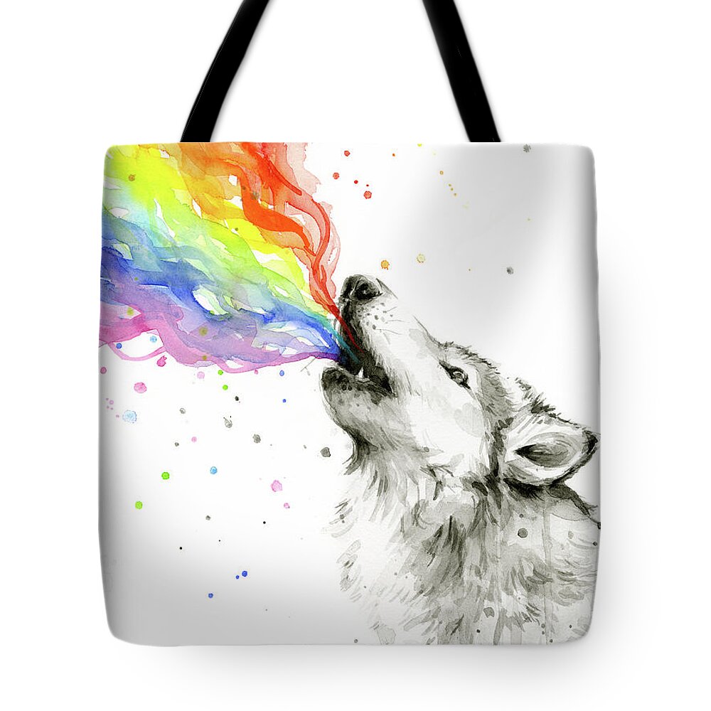 Watercolor Tote Bag featuring the painting Wolf Rainbow Watercolor by Olga Shvartsur