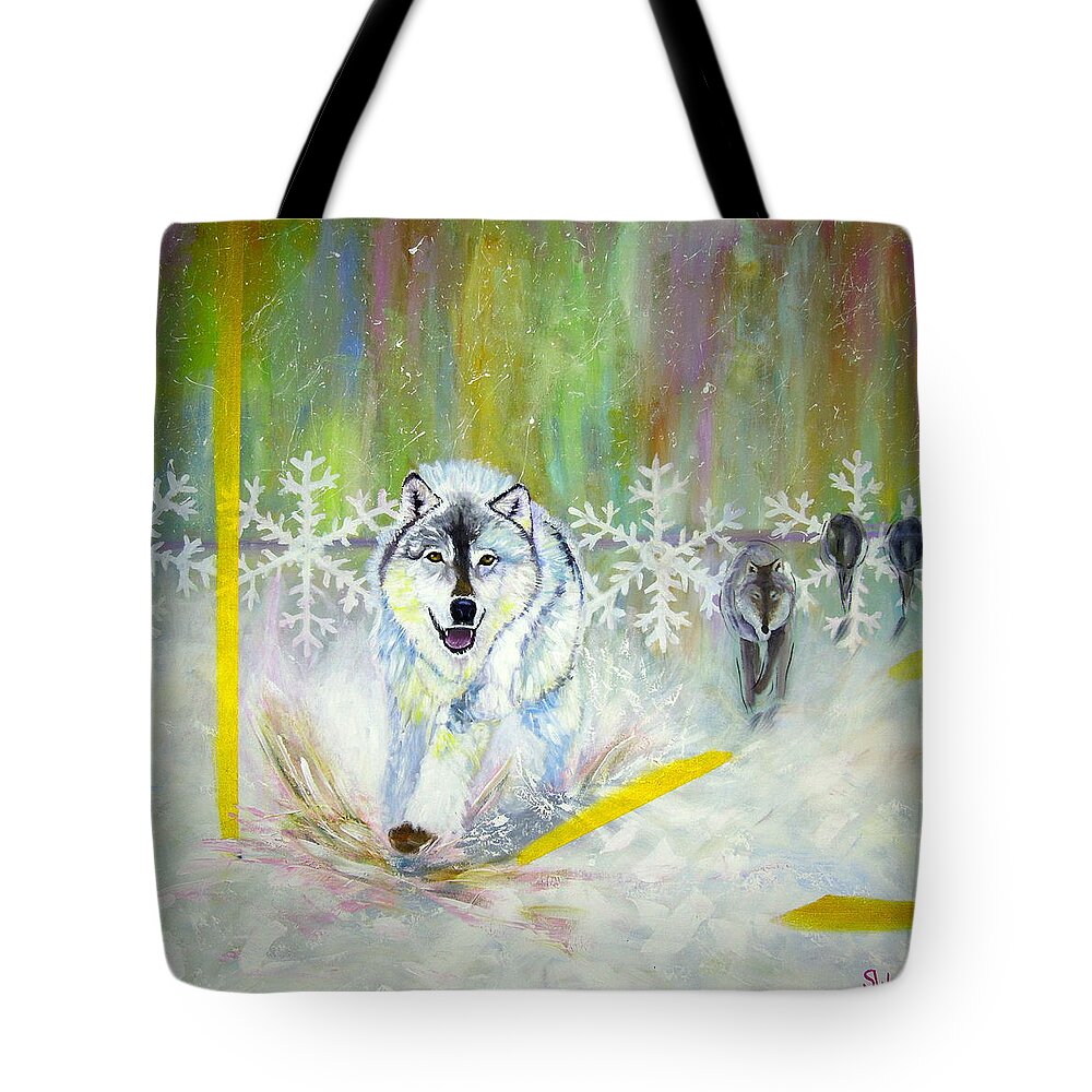 Art Tote Bag featuring the painting Wolves approach by Shirley Wellstead