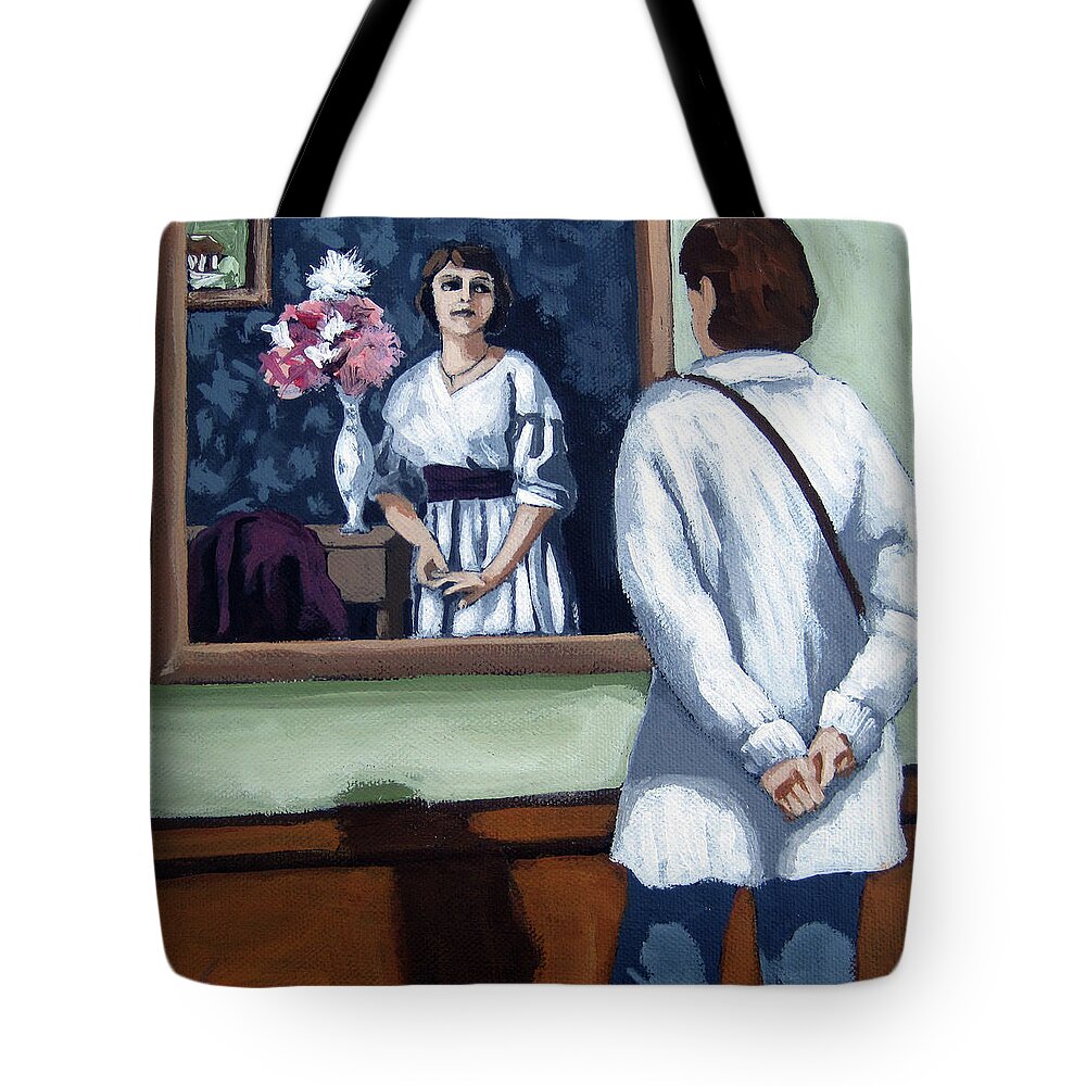 Woman Tote Bag featuring the painting Woman at Art Museum figurative painting by Linda Apple