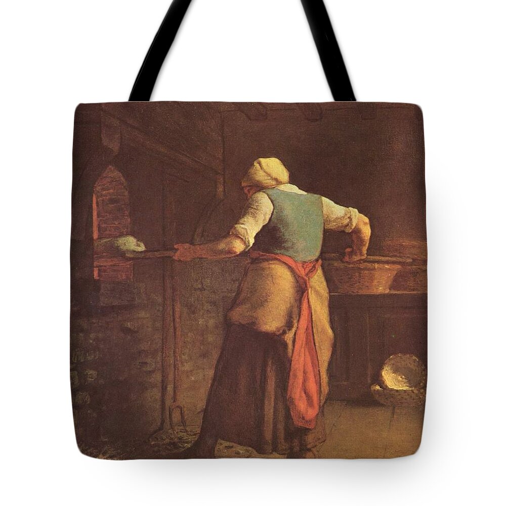 Woman Baking Bread - Jean-francois Millet Tote Bag featuring the painting Woman baking bread by MotionAge Designs