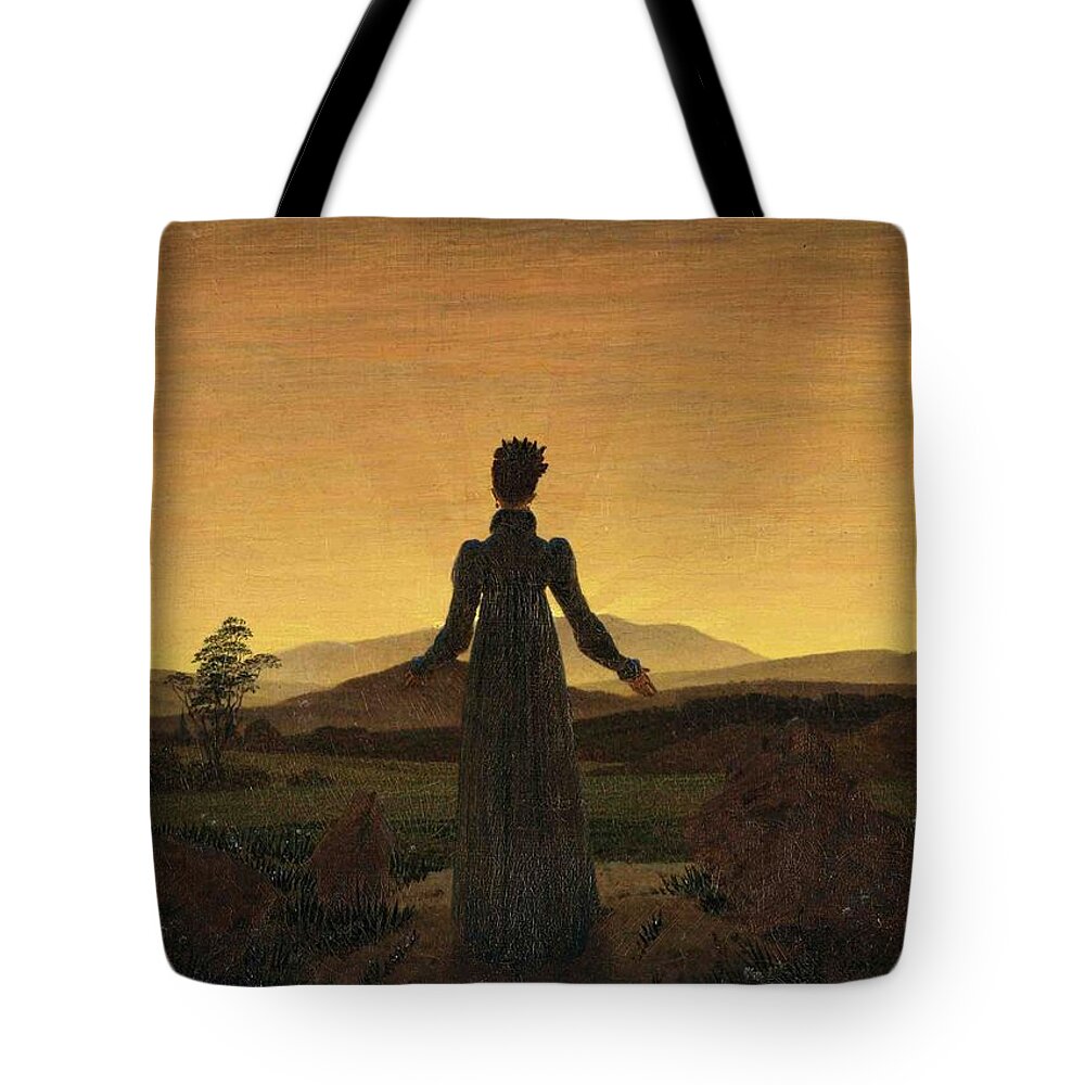 Woman Before The Rising Sun Tote Bag featuring the painting Woman Before The Rising Sun by MotionAge Designs