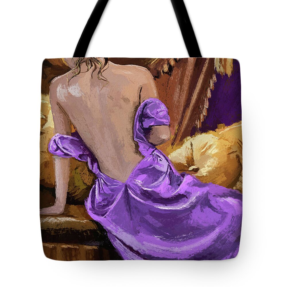 Woman In A Purple Dress Tote Bag featuring the painting Woman In A Purple Dress by Tim Gilliland