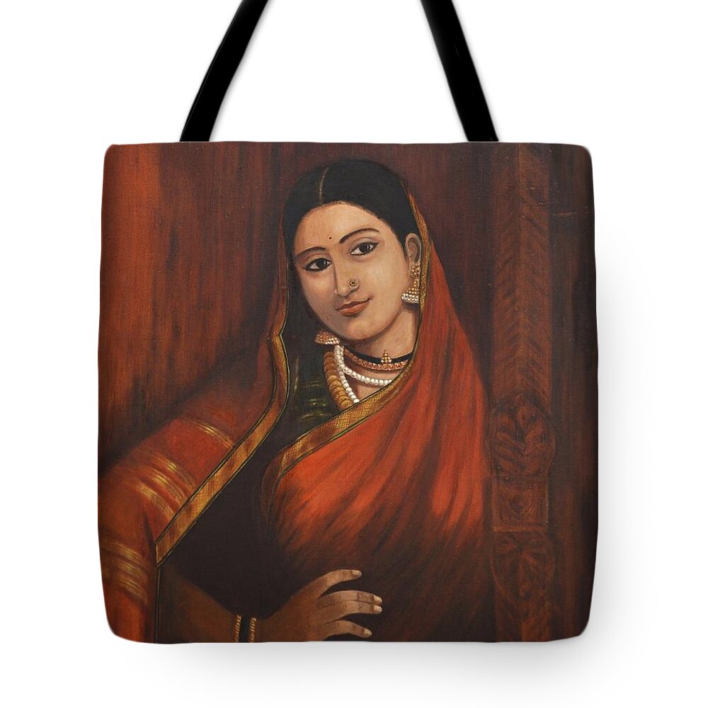 Woman Tote Bag featuring the painting Woman in Saree - after Raja Ravi Varma by Usha Shantharam