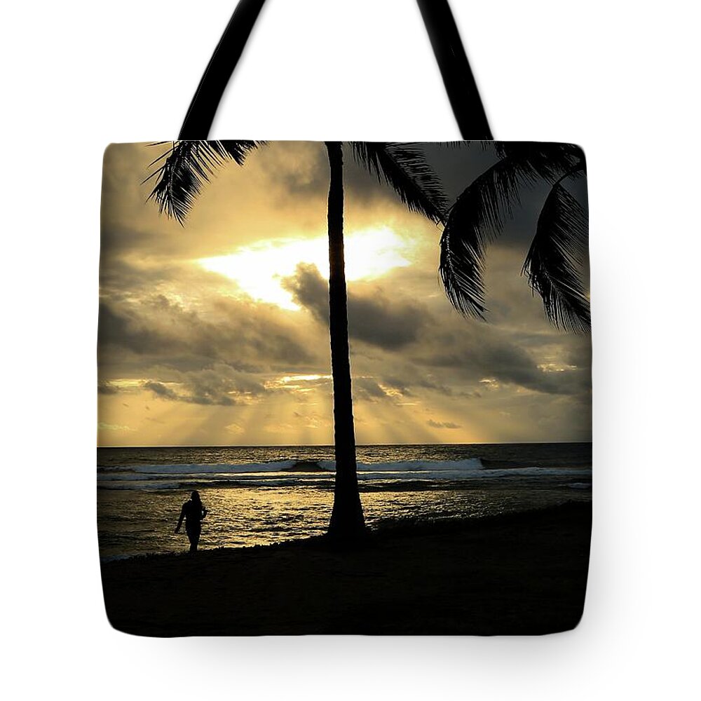 Landscape Photosbymch Silhouette Sunset Hawaii Crepescular Rays Palms Tropical Beach Woman Clouds Paradise Tote Bag featuring the photograph Woman in the Sunset by M C Hood