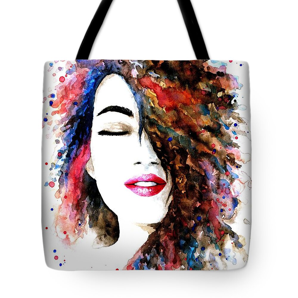 Woman Tote Bag featuring the painting Woman Portrait 1 by Lucie Dumas