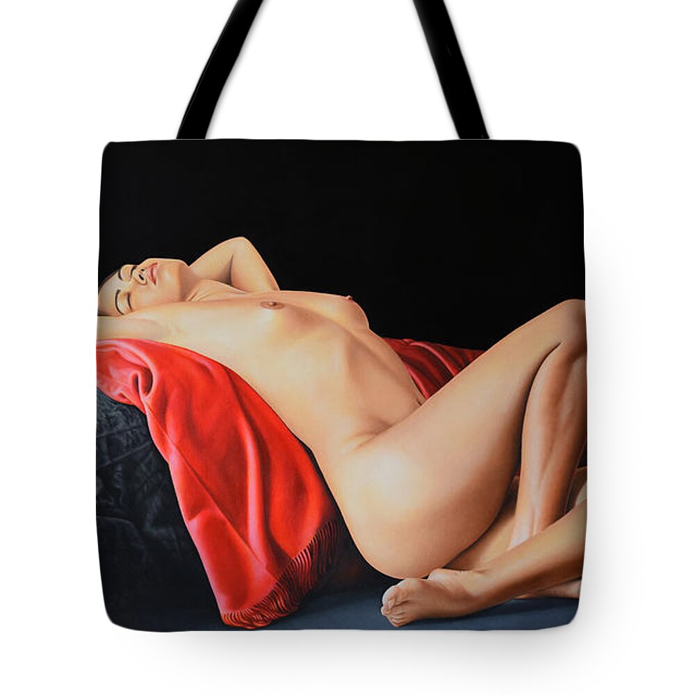 Nude Tote Bag featuring the painting Woman Resting on a Red Cloth by Horacio Cardozo