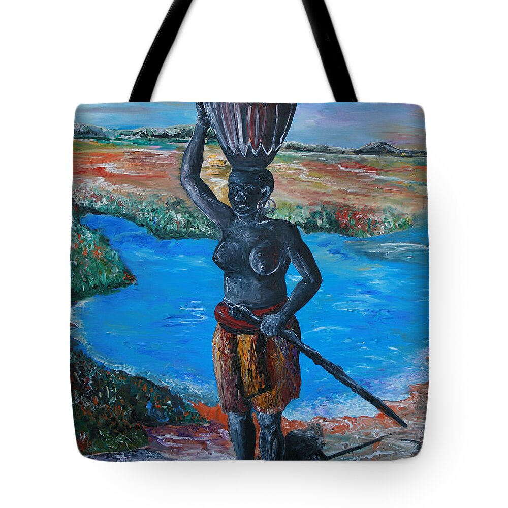Woman With Calabash Tote Bag featuring the painting Woman with Calabash by Obi-Tabot Tabe