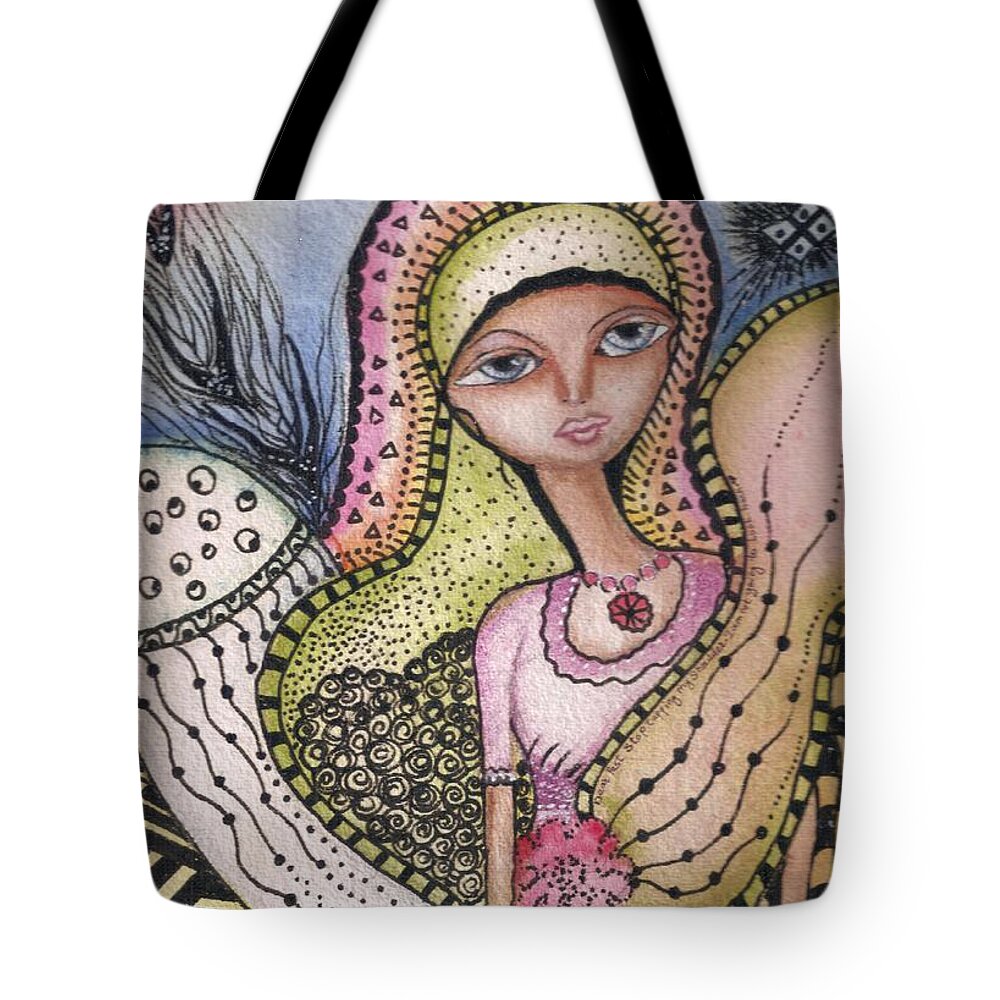 Woman Tote Bag featuring the mixed media Woman with large eyes by Prerna Poojara