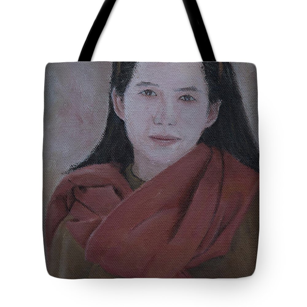 Portrait Tote Bag featuring the painting Woman With Scarf by Masami Iida
