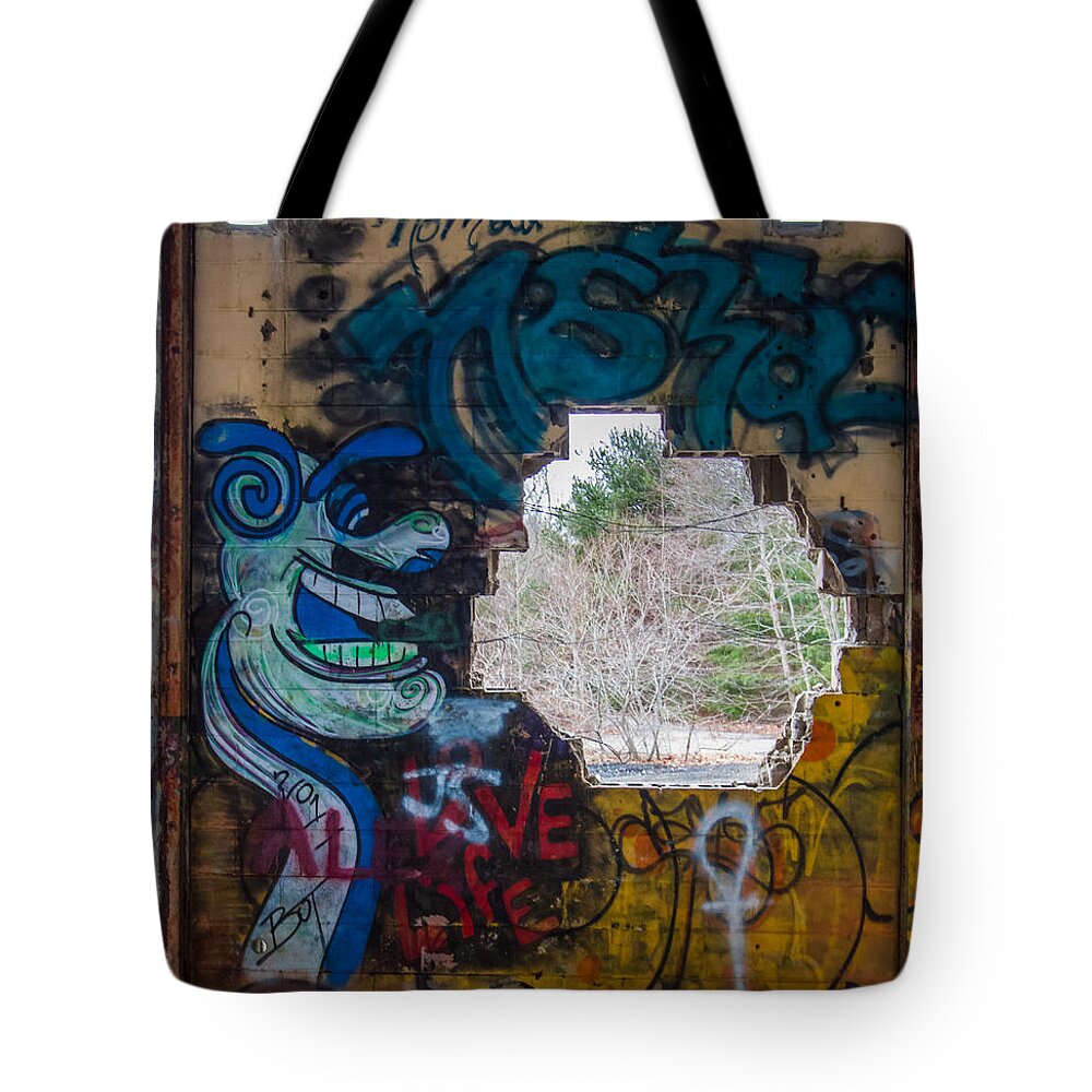 Wompatuck State Park Tote Bag featuring the photograph Wompatuck Graffiti Man by Brian MacLean